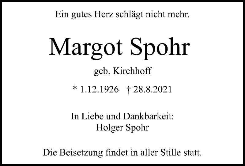  Traueranzeige für Margot Spohr vom 04.09.2021 aus HNA