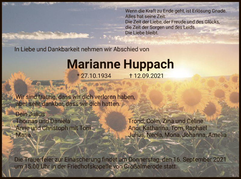  Traueranzeige für Marianne Huppach vom 14.09.2021 aus HNA