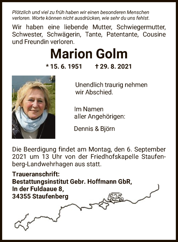  Traueranzeige für Marion Golm vom 02.09.2021 aus HNA