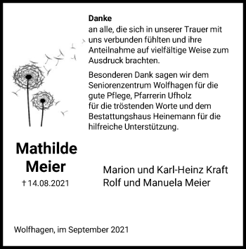 Traueranzeige von Mathilde Meier von HNA