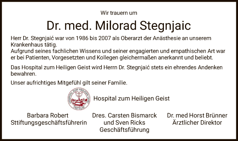  Traueranzeige für Dr. Milorad Stegnjaic vom 11.09.2021 aus HNA