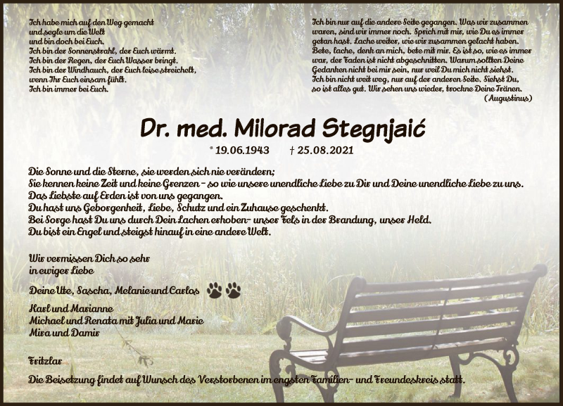  Traueranzeige für Dr. Milorad Stegnjaic vom 02.09.2021 aus HNA