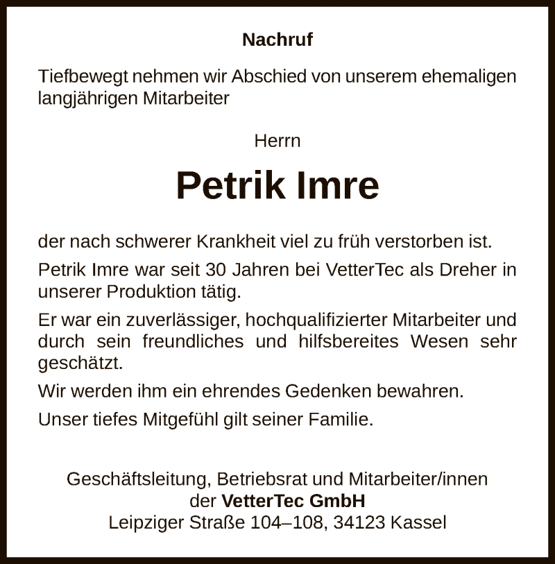  Traueranzeige für Petrik Imre vom 11.09.2021 aus HNA