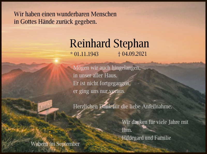  Traueranzeige für Reinhard Stephan vom 24.09.2021 aus HNA