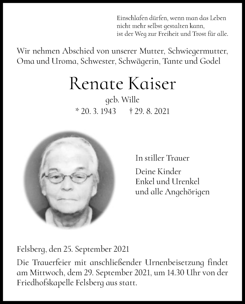  Traueranzeige für Renate Kaiser vom 25.09.2021 aus HNA