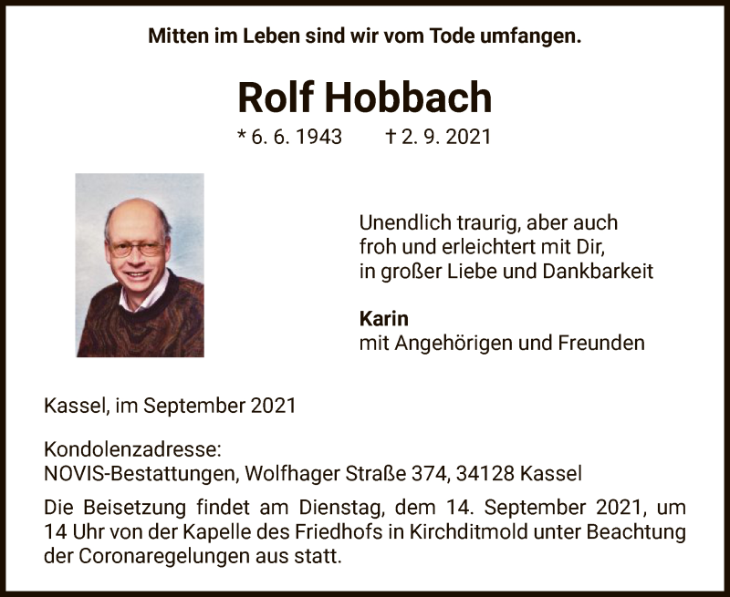  Traueranzeige für Rolf Hobbach vom 11.09.2021 aus HNA