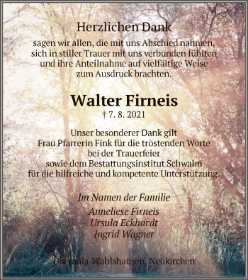 Traueranzeige von Walter Firneis von HNA