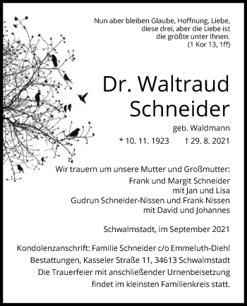 Traueranzeige von Waltraud Schneider von HNA