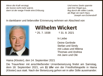 Traueranzeige von Wilhelm Wickert von HNA