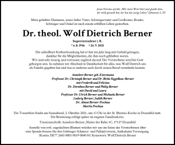 Traueranzeige von Wolf Dietrich Berner von HNA