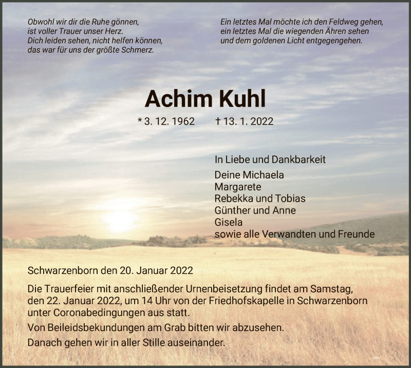  Traueranzeige für Achim Kuhl vom 20.01.2022 aus HNA
