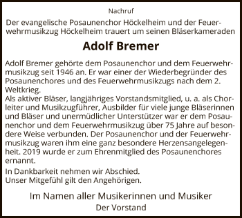 Traueranzeige von Adolf Bremer von HNA