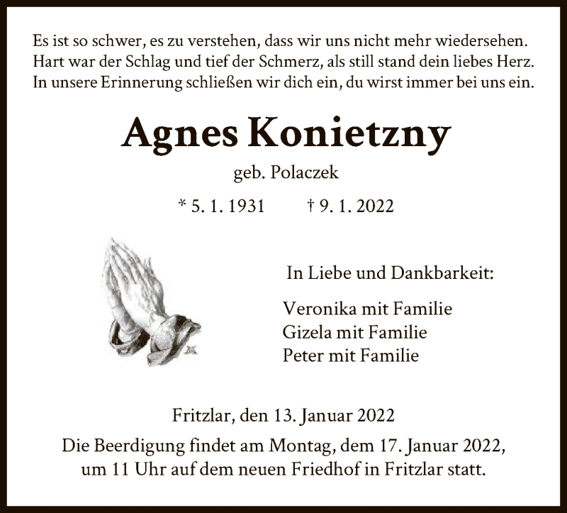  Traueranzeige für Agnes Konietzny vom 13.01.2022 aus HNA