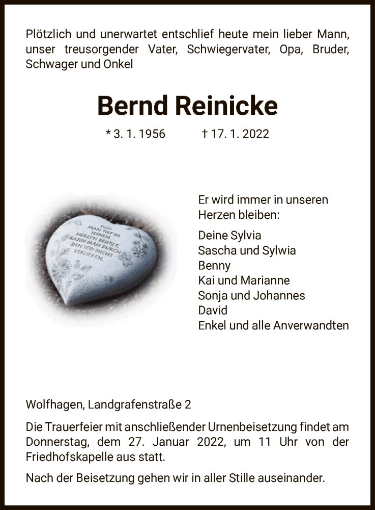  Traueranzeige für Bernd Reinicke vom 22.01.2022 aus HNA