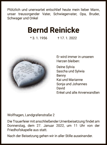 Traueranzeige von Bernd Reinicke von HNA