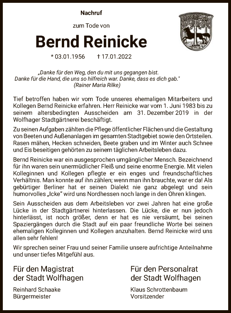  Traueranzeige für Bernd Reinicke vom 22.01.2022 aus HNA