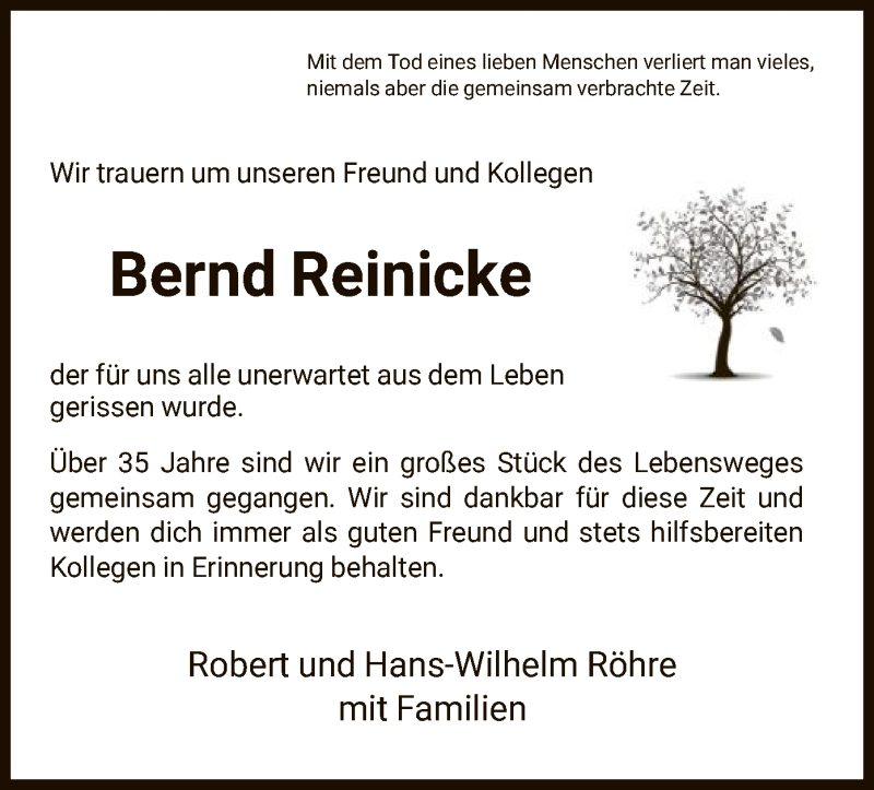  Traueranzeige für Bernd Reinicke vom 22.01.2022 aus HNA