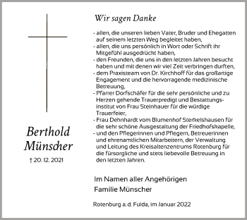 Traueranzeige von Berthold Münscher von HNA