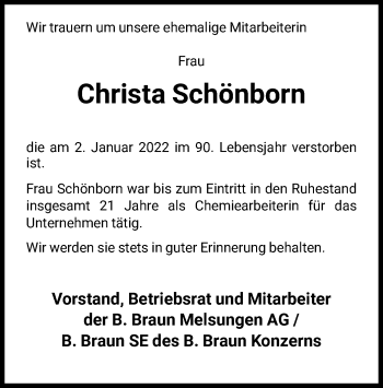 Traueranzeige von Christa Schönborn von HNA
