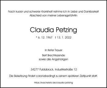 Traueranzeige von Claudia Petzing von HNA