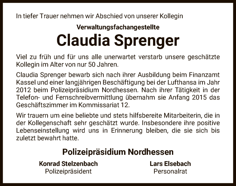  Traueranzeige für Claudia Sprenger vom 08.01.2022 aus HNA