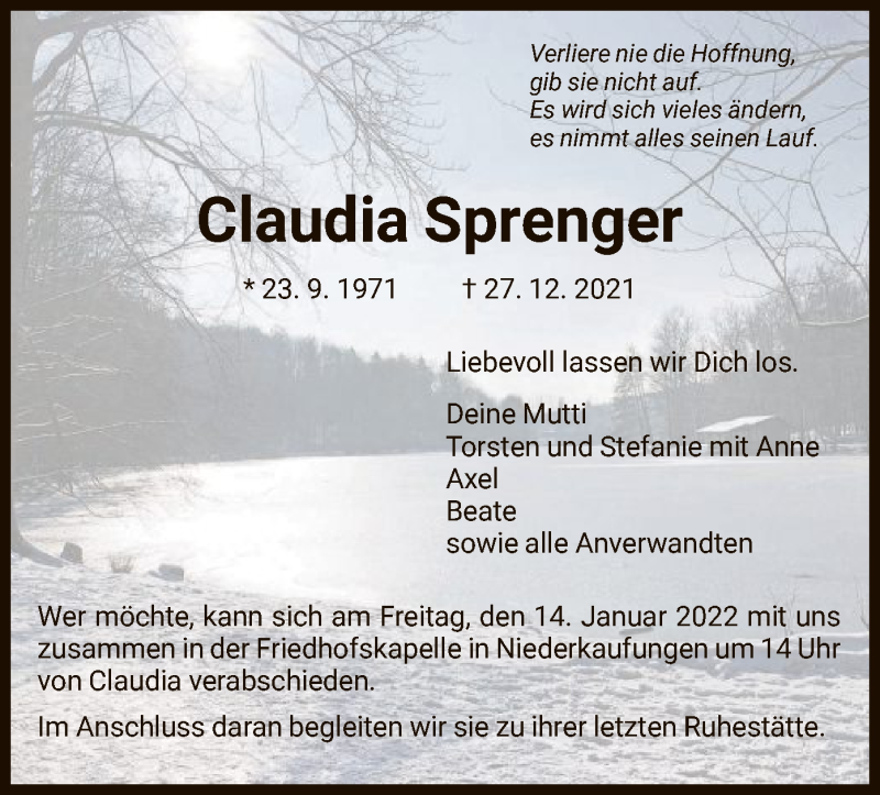  Traueranzeige für Claudia Sprenger vom 08.01.2022 aus HNA