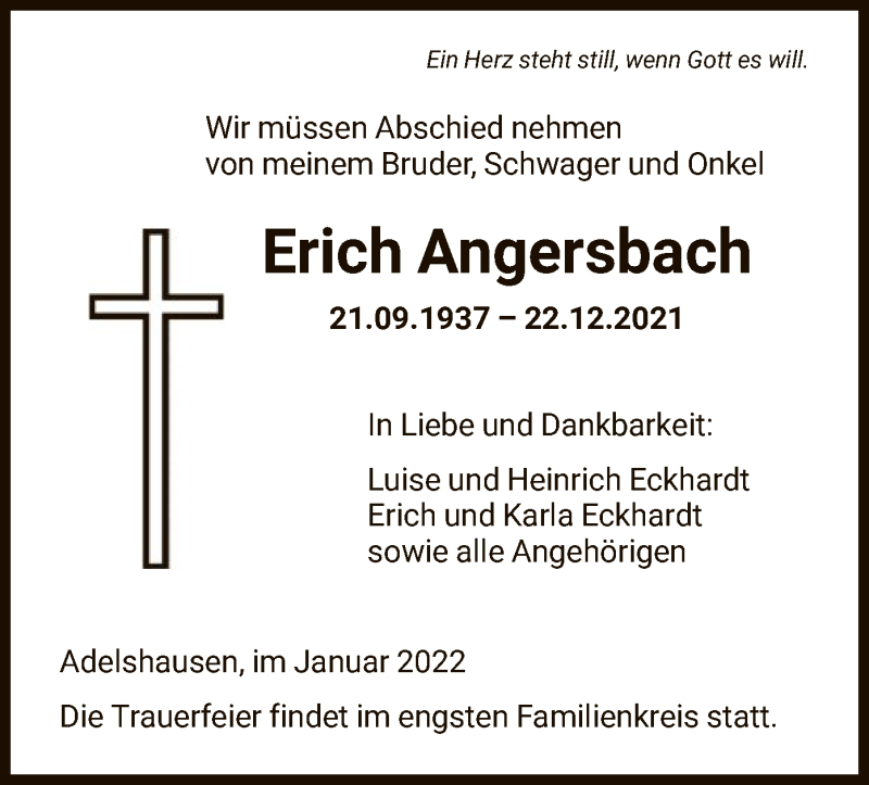  Traueranzeige für Erich Angersbach vom 13.01.2022 aus HNA