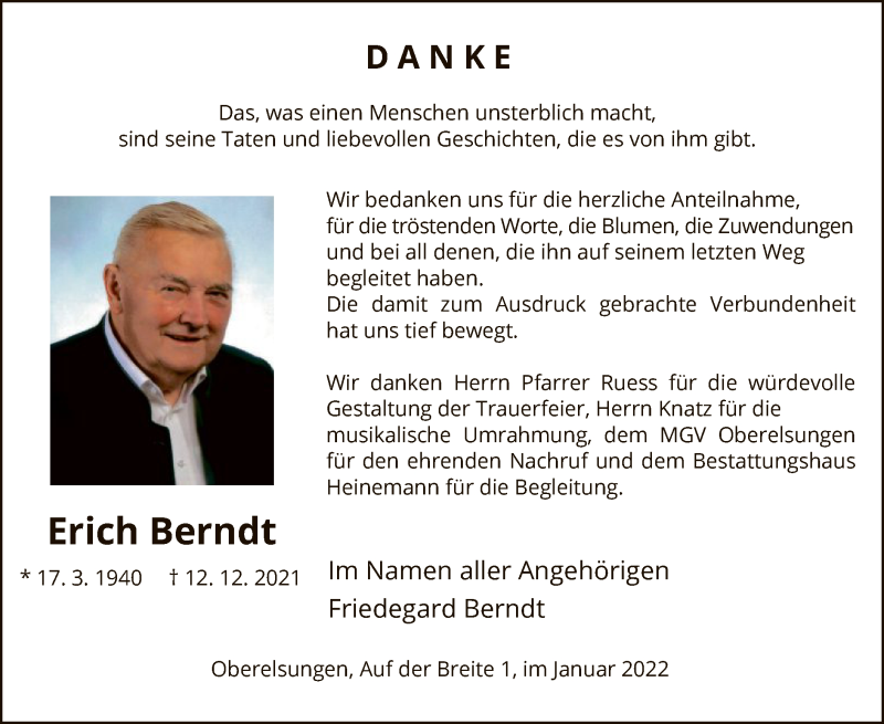  Traueranzeige für Erich Berndt vom 08.01.2022 aus HNA