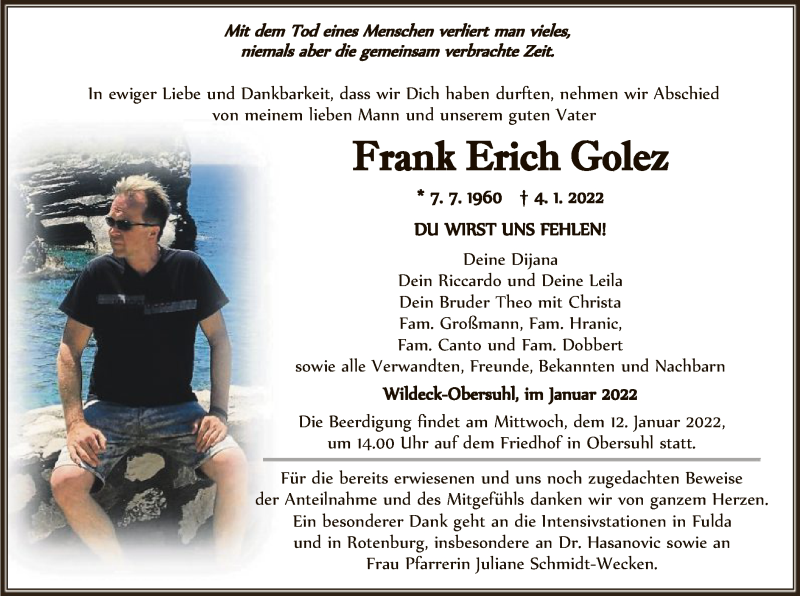  Traueranzeige für Frank Erich Golez vom 11.01.2022 aus HNA