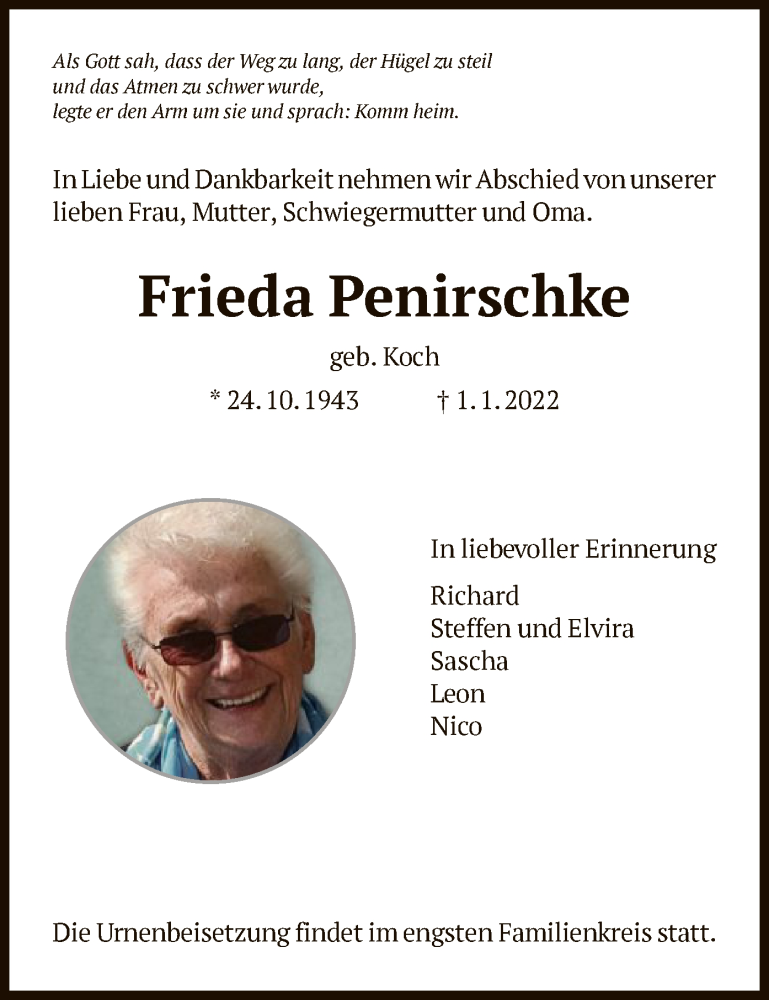  Traueranzeige für Frieda Penirschke vom 08.01.2022 aus HNA