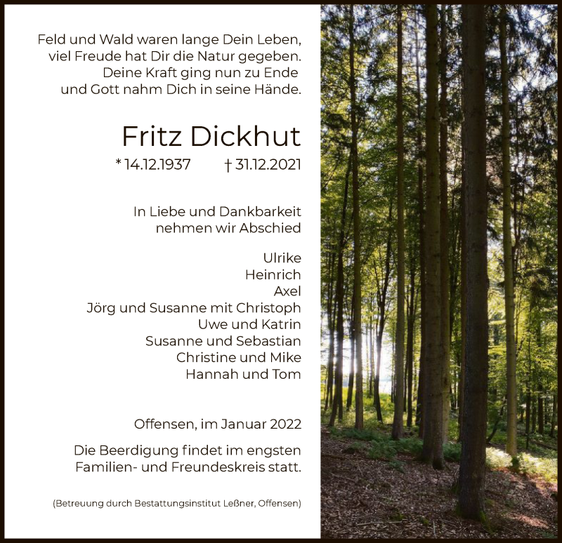  Traueranzeige für Fritz Dickhut vom 05.01.2022 aus HNA