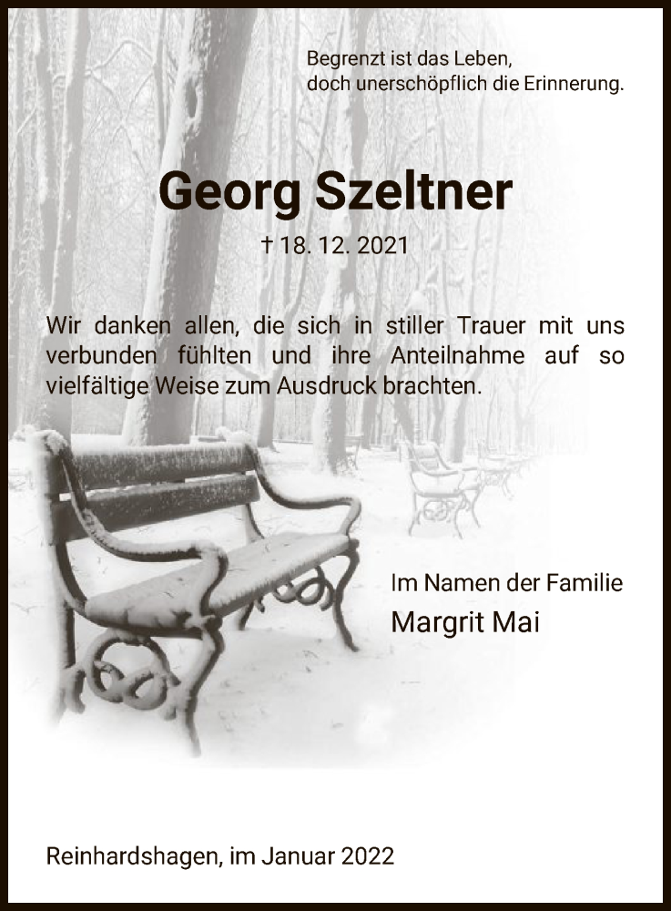  Traueranzeige für Georg Szeltner vom 13.01.2022 aus HNA