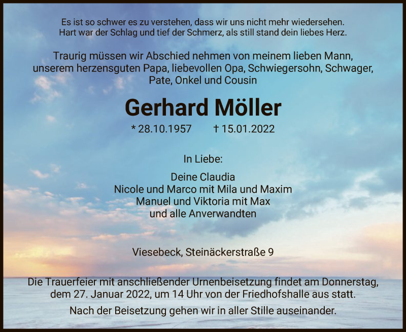  Traueranzeige für Gerhard Möller vom 22.01.2022 aus HNA