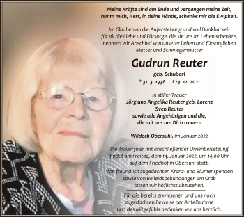 Traueranzeige von Gudrun Reuter von HNA