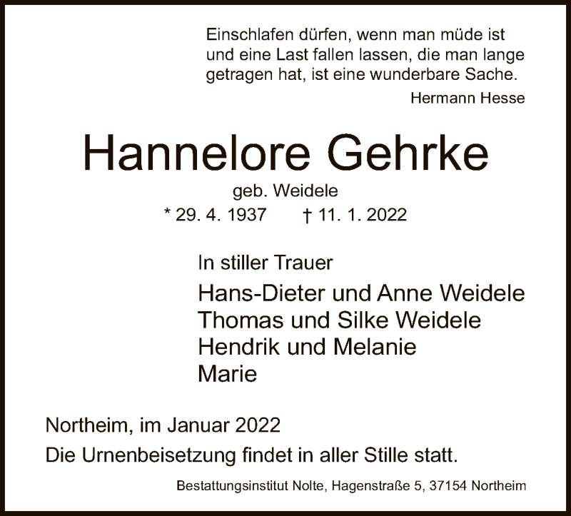  Traueranzeige für Hannelore Gehrke vom 15.01.2022 aus HNA