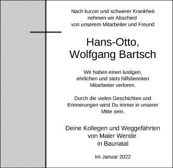 Traueranzeige von Hans-Otto Wolfgang Bartsch von HNA