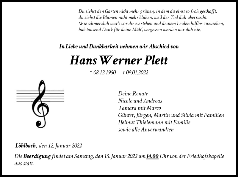  Traueranzeige für Hans Werner Plett vom 12.01.2022 aus HNA