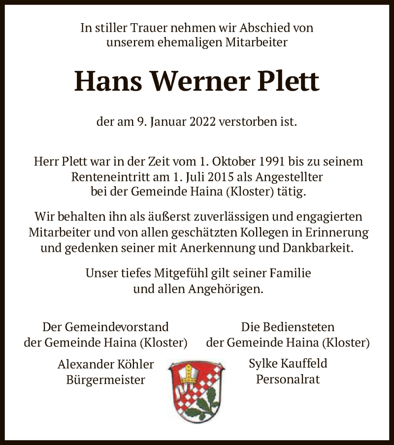  Traueranzeige für Hans Werner Plett vom 15.01.2022 aus HNA