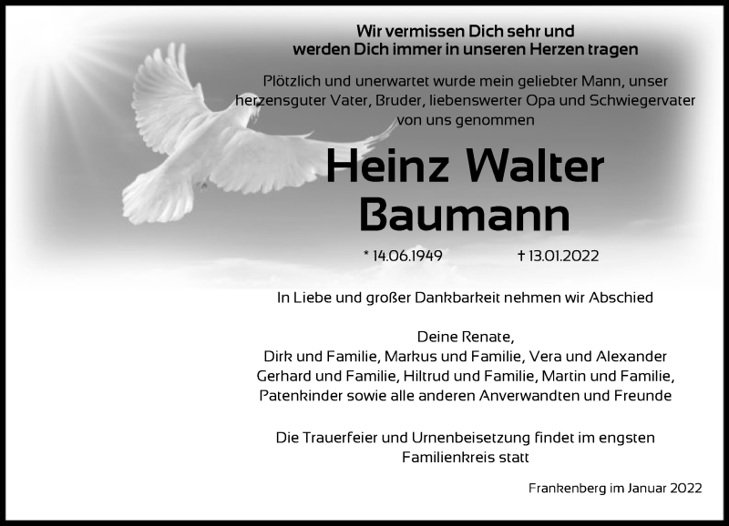  Traueranzeige für Heinz Walter Baumann vom 18.01.2022 aus HNA