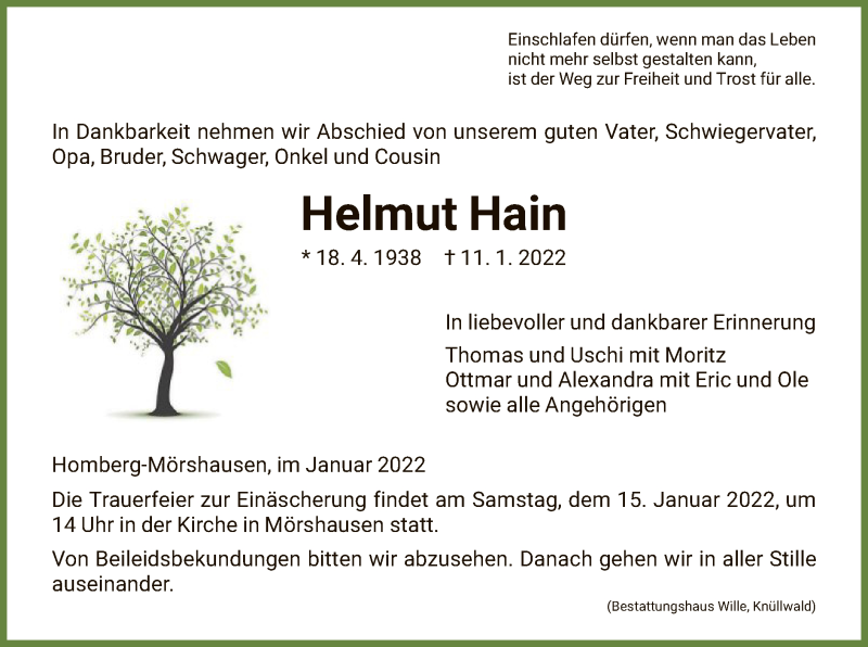  Traueranzeige für Helmut Hain vom 13.01.2022 aus HNA