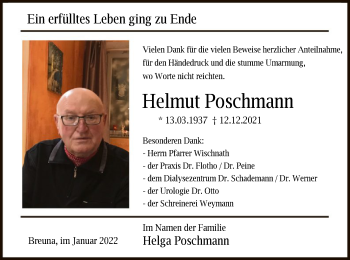 Traueranzeige von Helmut Poschmann von HNA