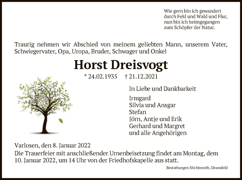  Traueranzeige für Horst Dreisvogt vom 08.01.2022 aus HNA