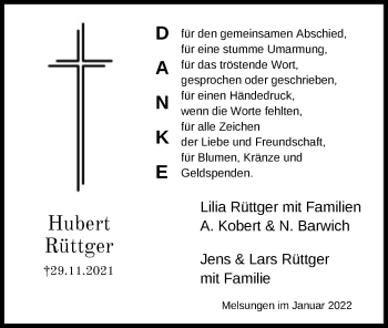 Traueranzeige von Hubert Rüttger von HNA