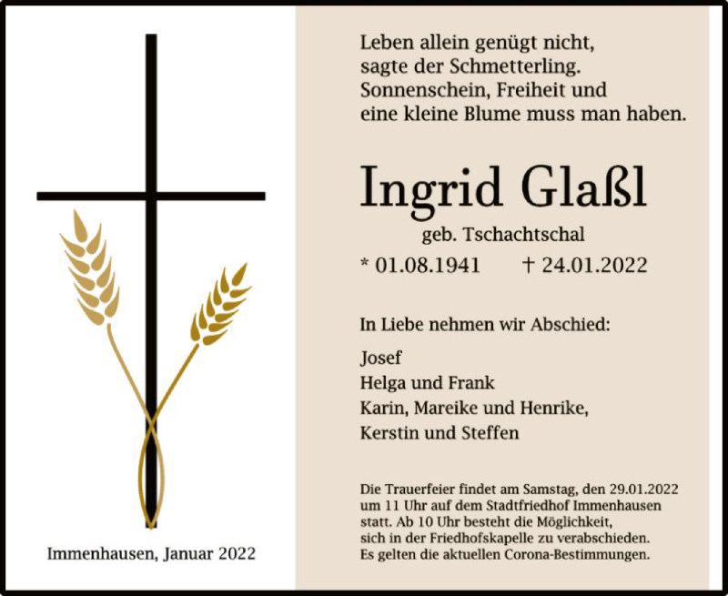  Traueranzeige für Ingrid Glaßl vom 27.01.2022 aus HNA