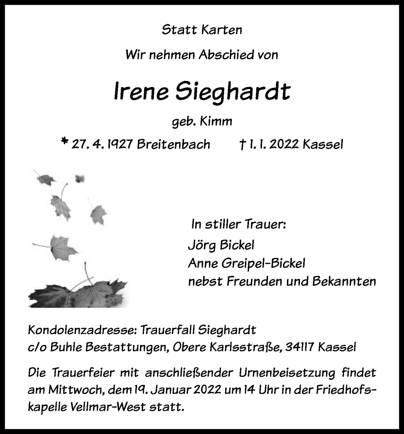  Traueranzeige für Irene Sieghardt vom 15.01.2022 aus HNA