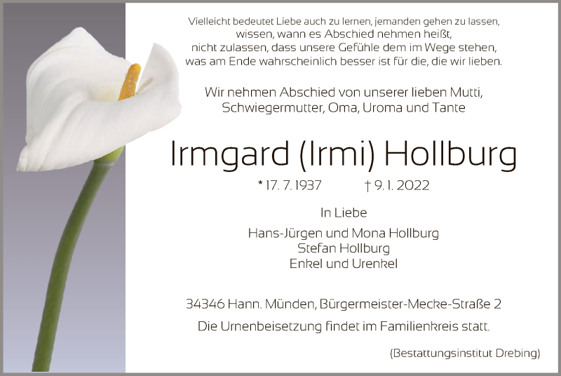  Traueranzeige für Irmgard Hollburg vom 12.01.2022 aus HNA
