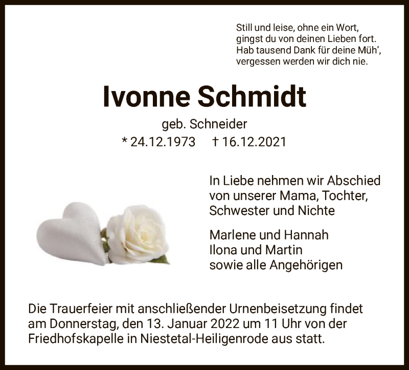  Traueranzeige für Ivonne Schmidt vom 05.01.2022 aus HNA