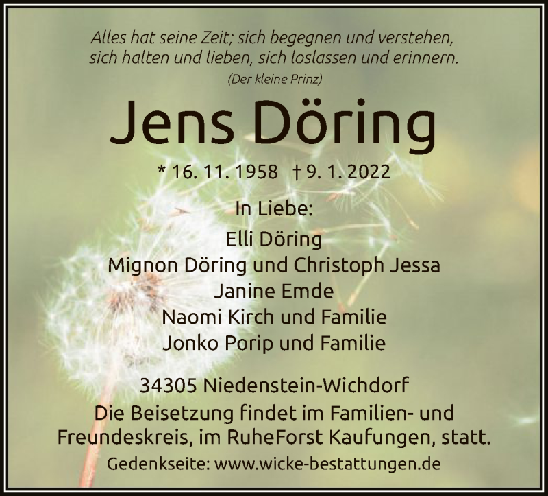  Traueranzeige für Jens Döring vom 22.01.2022 aus HNA