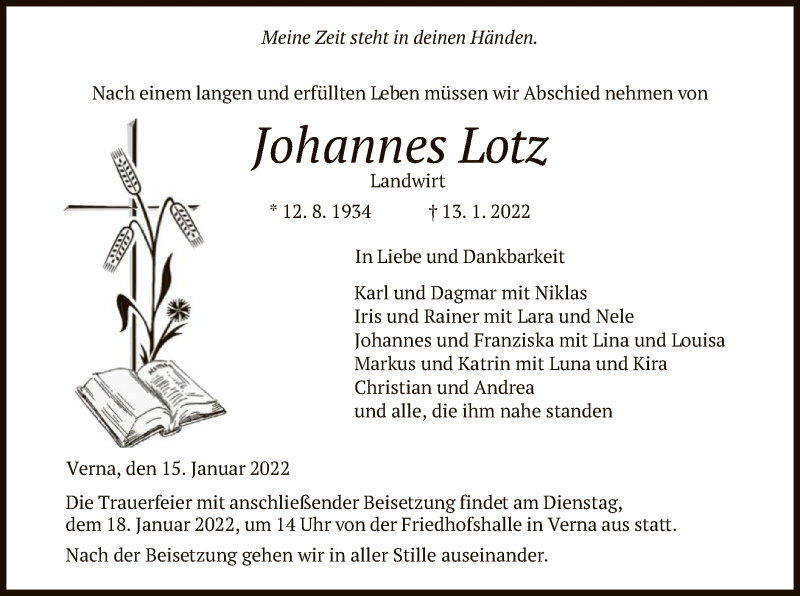  Traueranzeige für Johannes Lotz vom 15.01.2022 aus HNA