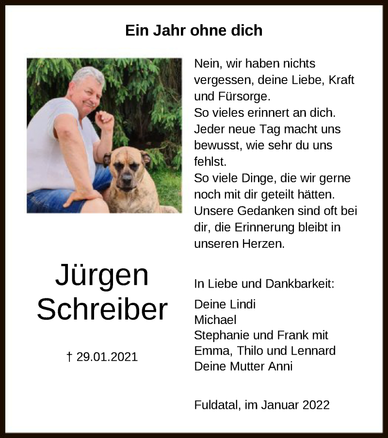  Traueranzeige für Jürgen Schreiber vom 29.01.2022 aus HNA